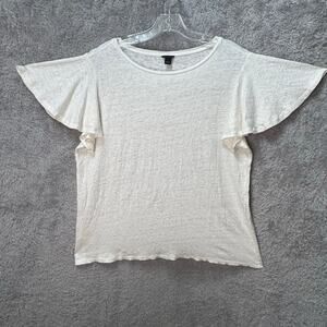 Ann Taylor Jewel Neck Ruffle Sleeve Loose Fit Tee 100% Linen White Women Large